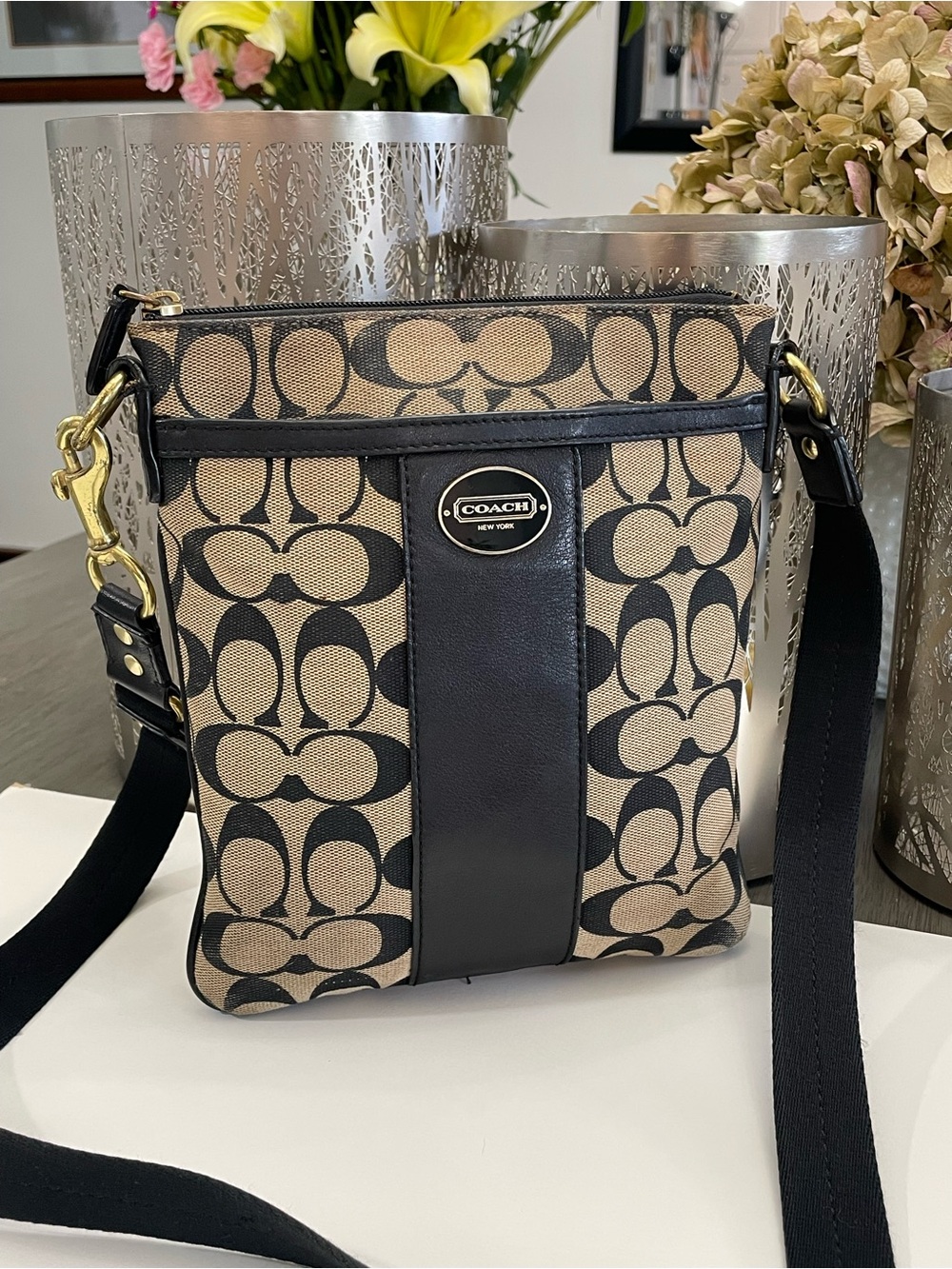 Coach Khaki and Black Signature Crossbody Bag